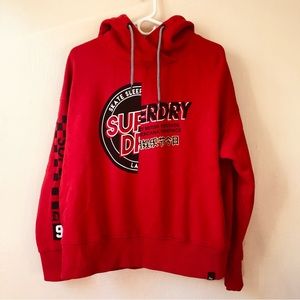 Superdry red hoodie unisex pullover sweatshirt with pockets.